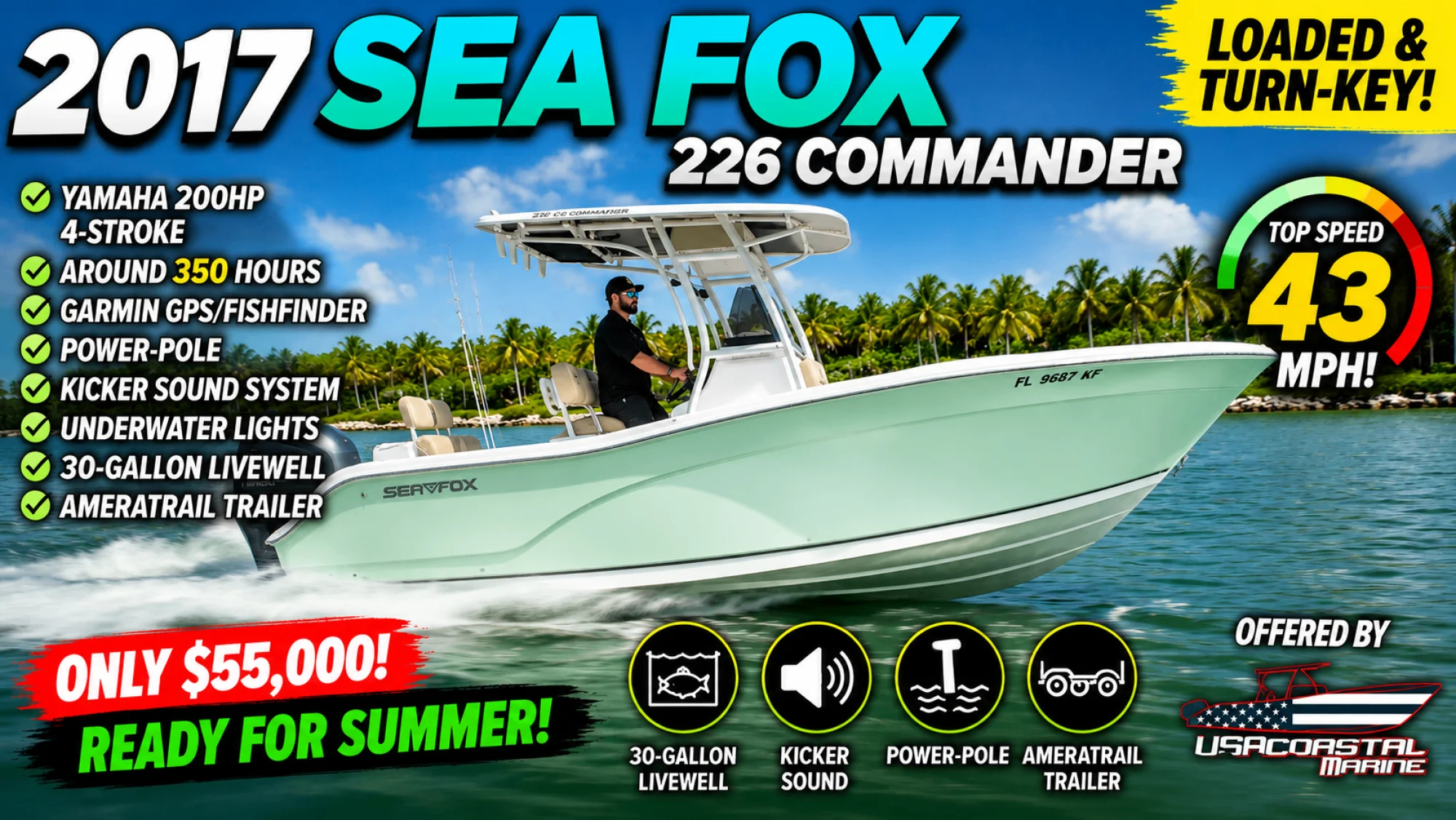 2017 SEA FOX 226 COMMANDER POWERED BY A YAMAHA 200HP 350 HOURS - Image 2
