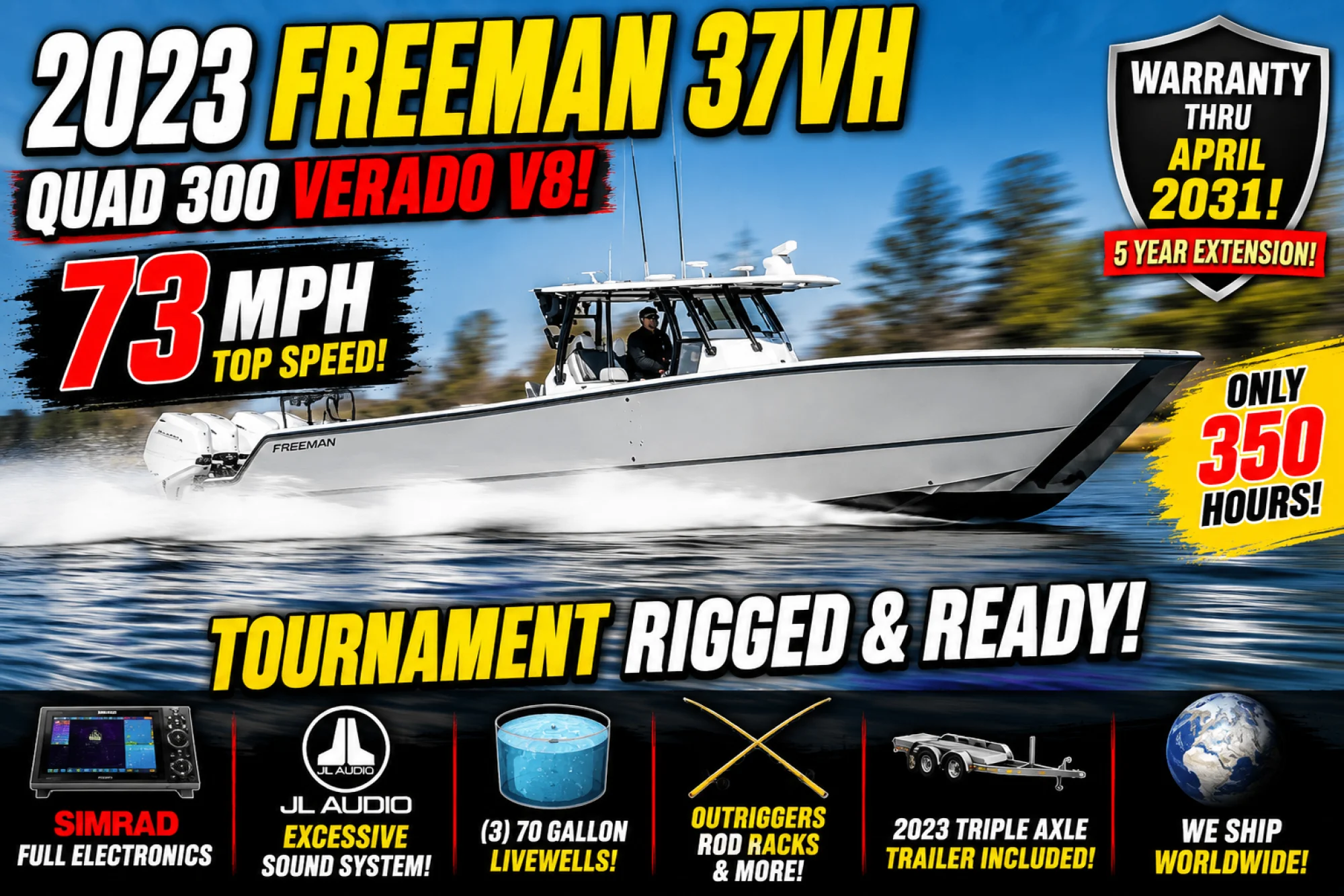 2023 Freeman 37VH is an absolute offshore weapon loaded with premium upgrades and powered by Quad 2023 Mercury 300HP Verado V8s with only 350 hours. - Image 4